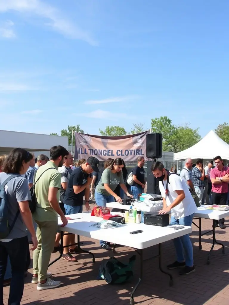 A photograph of volunteers actively setting up for a cultural event, demonstrating GROSSO MODO's reliance on volunteer support for successful event execution.