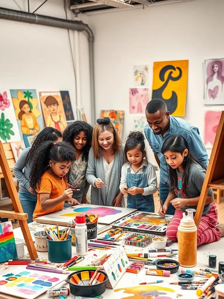 A vibrant photograph capturing a community arts workshop in progress, showcasing participants actively engaged in a creative activity, reflecting GROSSO MODO's commitment to fostering creativity.