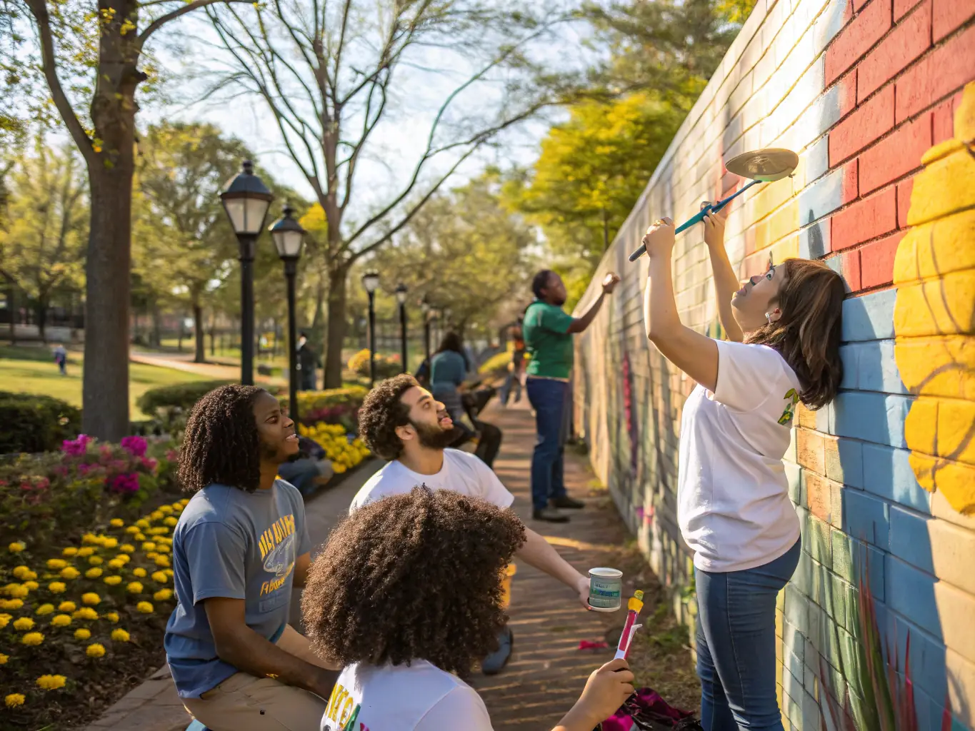 An image of a diverse group of people participating in a community art project, painting a mural on a building wall, showcasing community engagement.