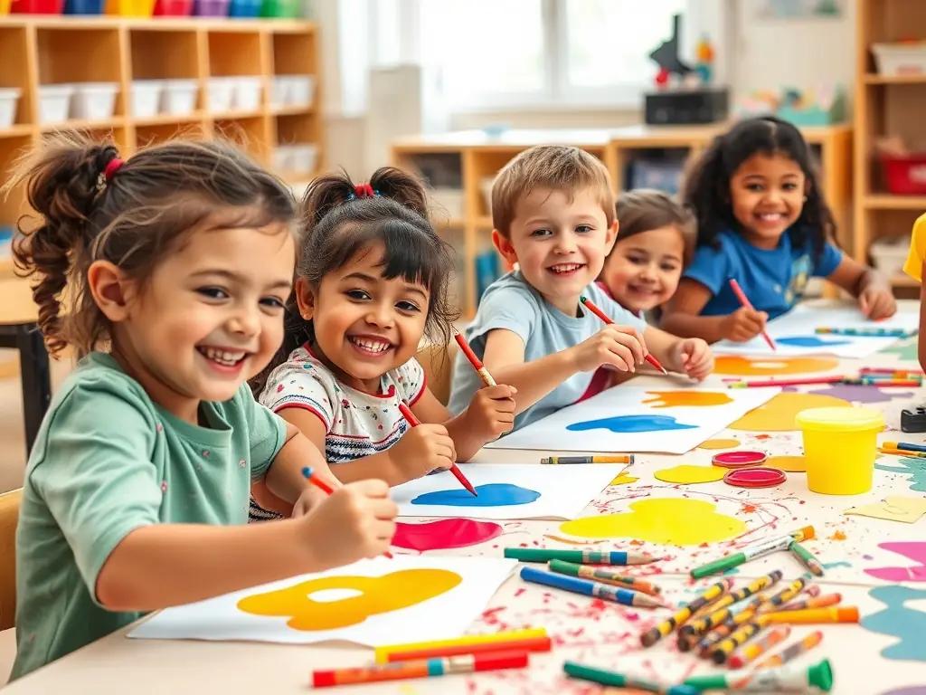 A photo of children participating in an art workshop organized by GROSSO MODO, illustrating the organization's dedication to arts education and community outreach.