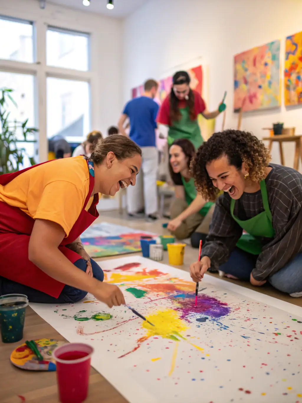 A vibrant photograph capturing a community arts workshop in progress, showcasing participants actively engaged in a creative activity, reflecting GROSSO MODO's commitment to fostering creativity.