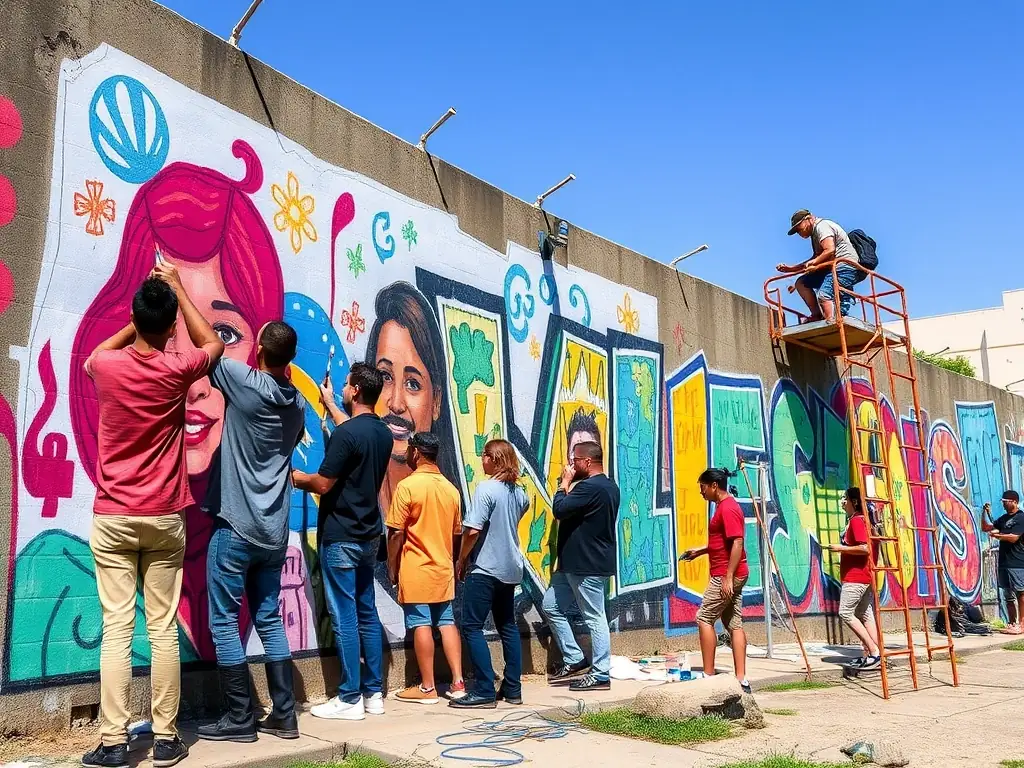 A photograph capturing a diverse group of artists collaborating on a public art installation, reflecting GROSSO MODO's commitment to community engagement and artistic expression.