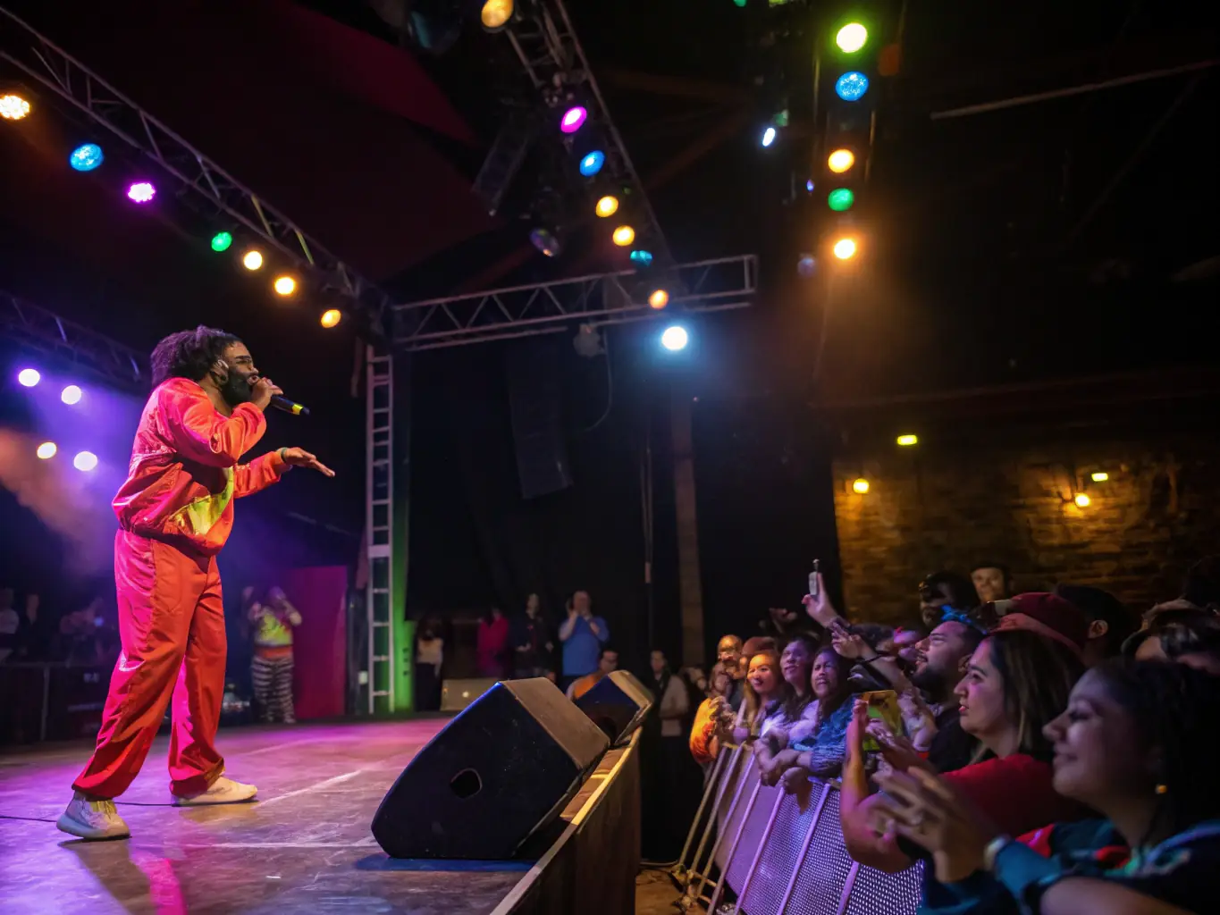 A dynamic image of a live performance event supported by GROSSO MODO, featuring diverse performers on stage and an engaged audience, capturing the energy and excitement of the event.