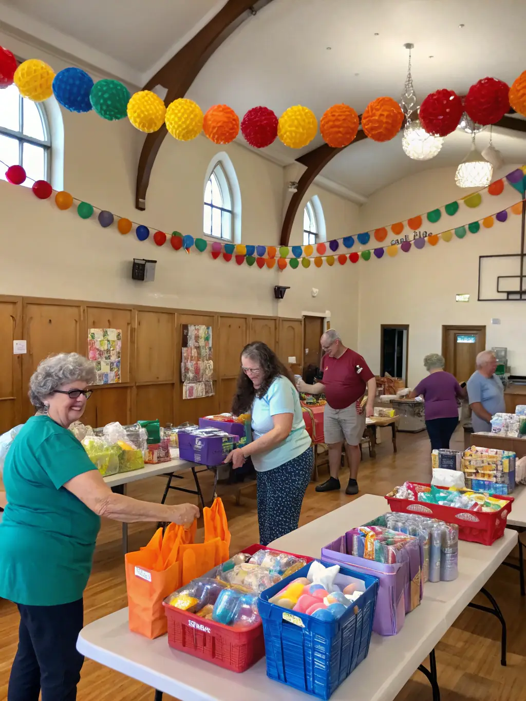 A photograph of volunteers actively setting up for a community event, highlighting GROSSO MODO's focus on volunteerism and community involvement.