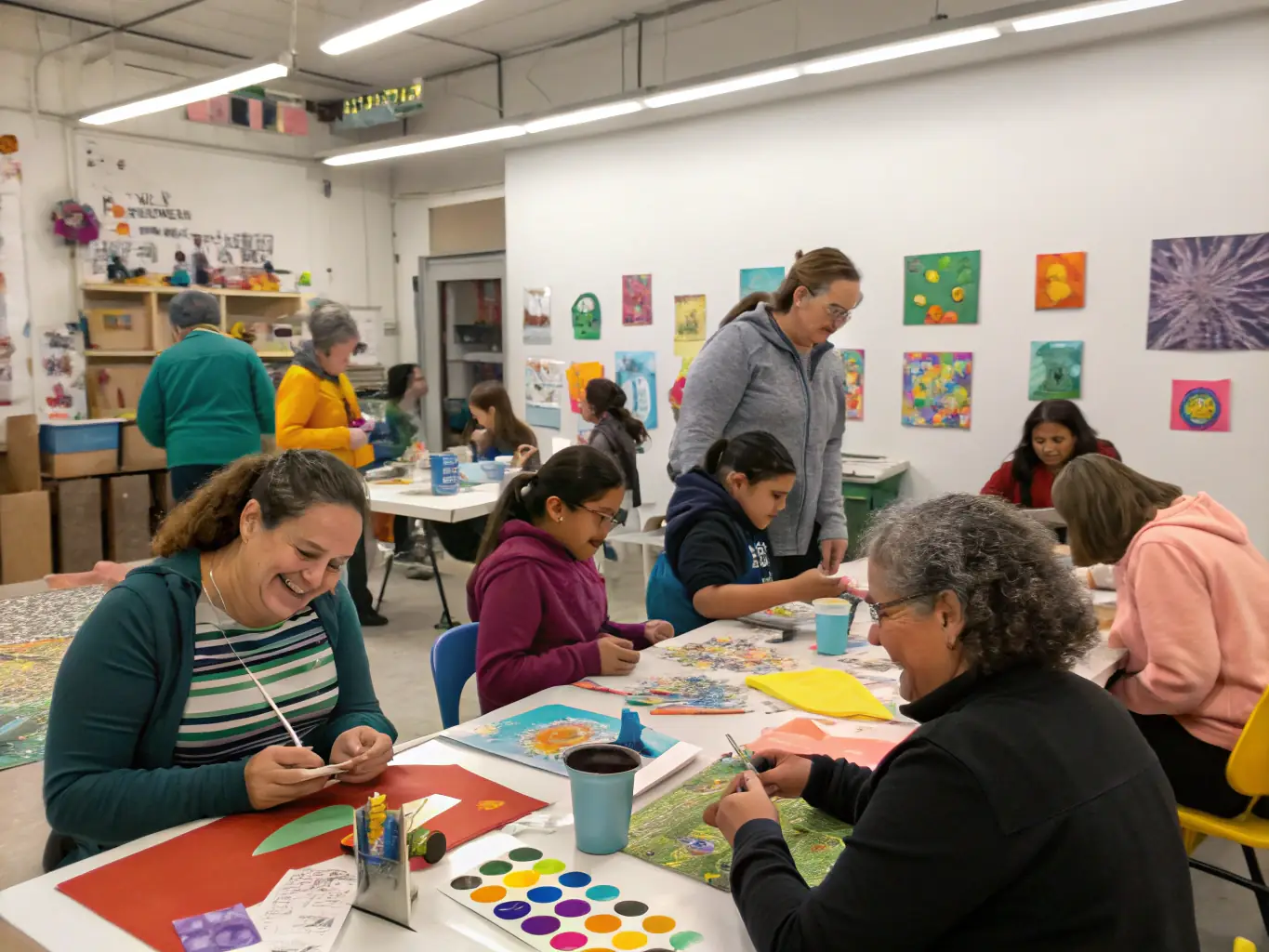 A vibrant image depicting a community workshop where participants are actively engaged in creating art, with diverse age groups and backgrounds represented, showcasing the inclusive nature of GROSSO MODO's programs.
