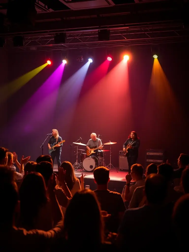 A dynamic image of a live music performance supported by GROSSO MODO, featuring diverse musicians on stage, emphasizing the organization's role in promoting diverse performances.